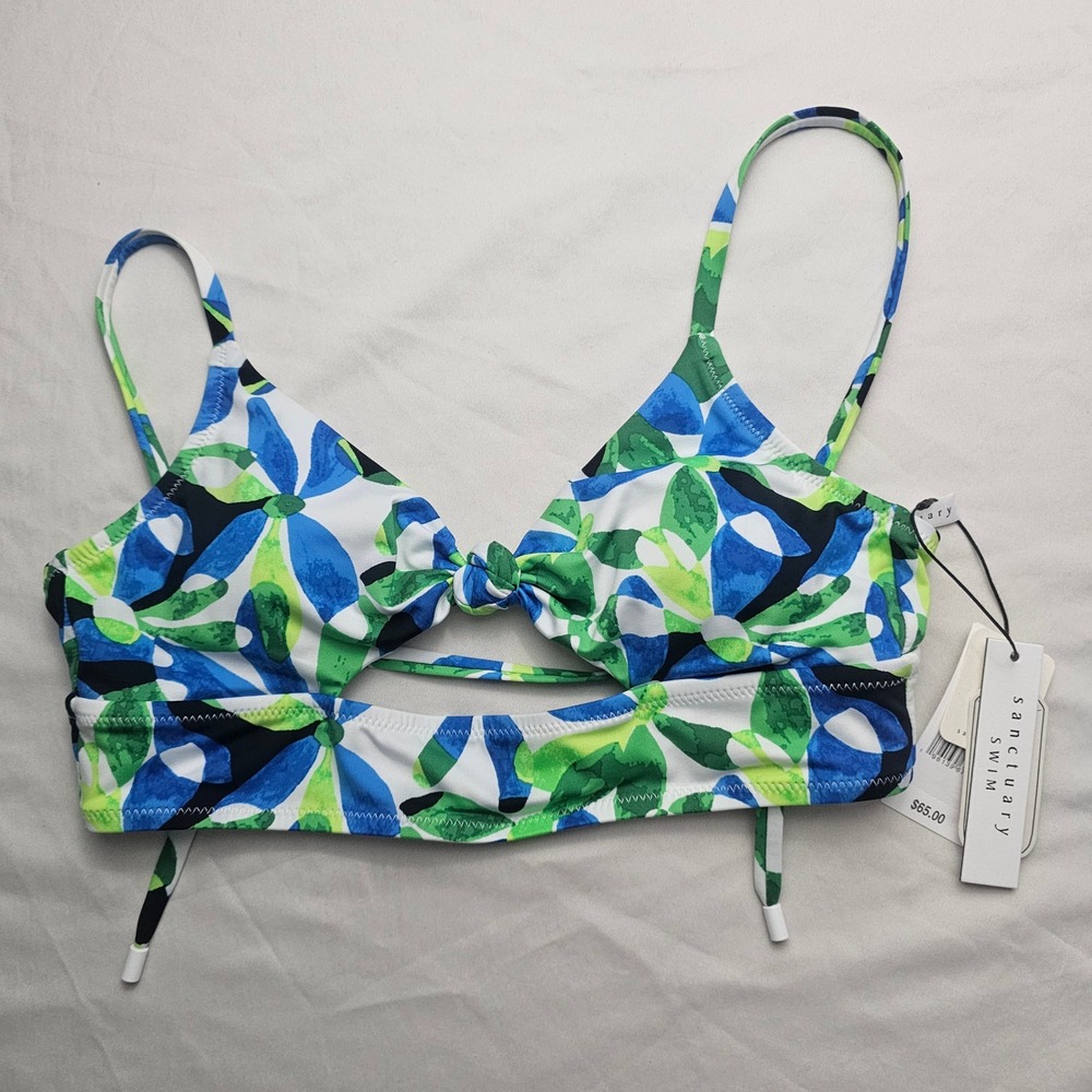 Sanctuary S Small Swim Top Blue Green Floral Adjusting Pull String Back NWT 1265